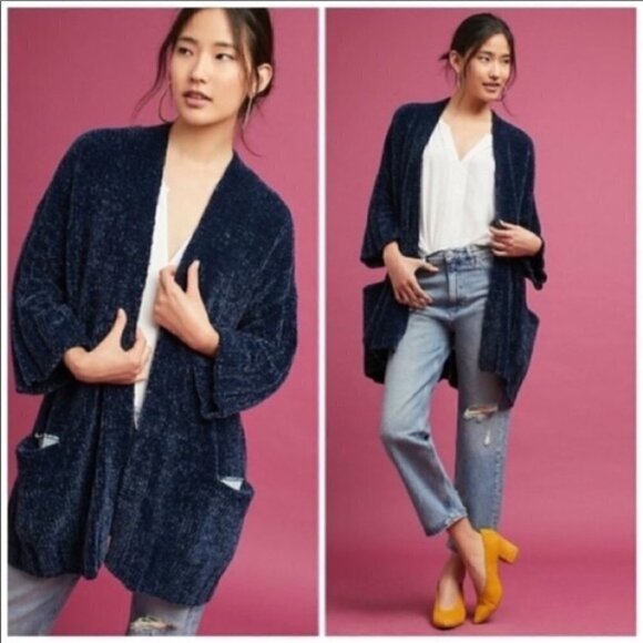 Anthropologie Moth Lily Dark Blue Chenille Thick Knit Cardigan Sweater M - Picture 1 of 6